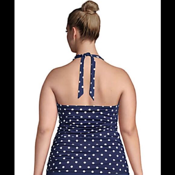 New Land’s End Plus Regular size square neck tankini halter polkadot navy Var - Picture 2 of 3